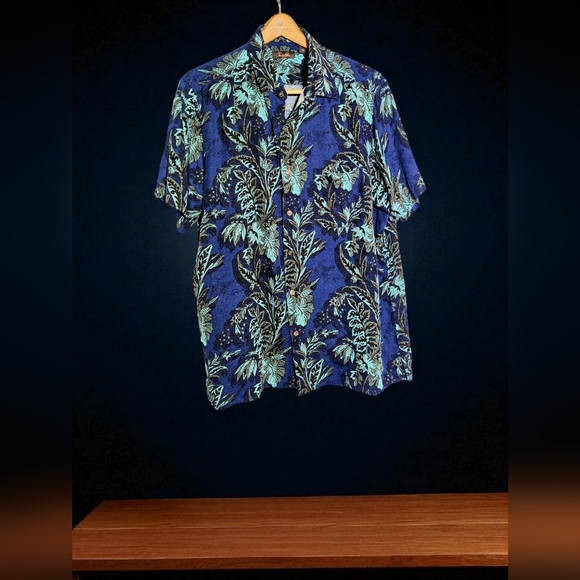 Tasso Elba XL Silk Blend Blue & Green Leaf Print Hawaiian Shirt - Picture 1 of 5